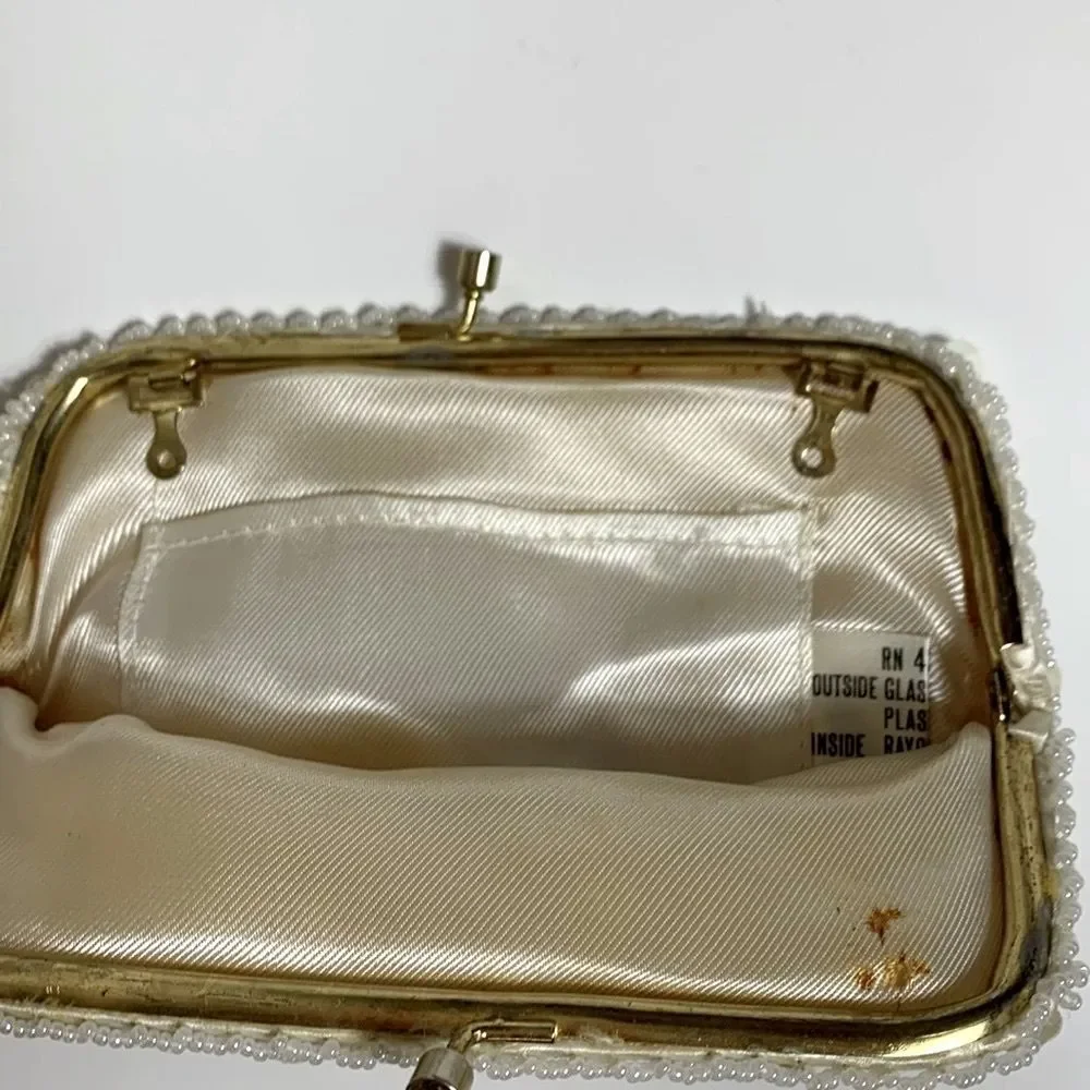 Vintage Ivory Satin Iridescent Sequin Beaded Evening Bridal Clutch Bag